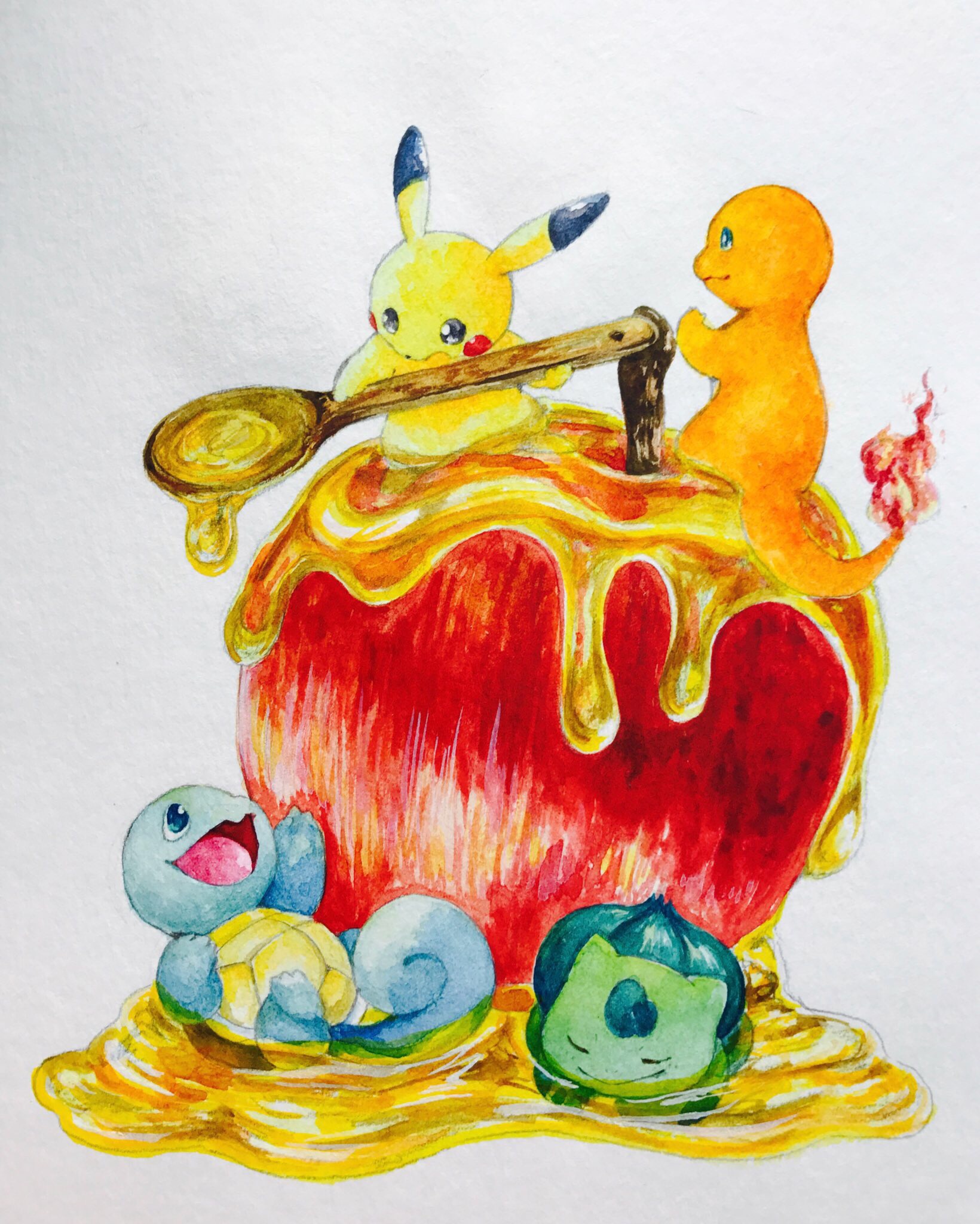 mint nappa, bulbasaur, charmander, pikachu, squirtle, nintendo, pokemon, commentary request, highres, traditional media, apple, black eyes, fire, flame-tipped tail, food, fruit, full body, gen 1 pokemon, holding, holding spoon, honey, no humans, open mouth, pokemon (creature), simple background, smile, spoon, starter pokemon trio, tail