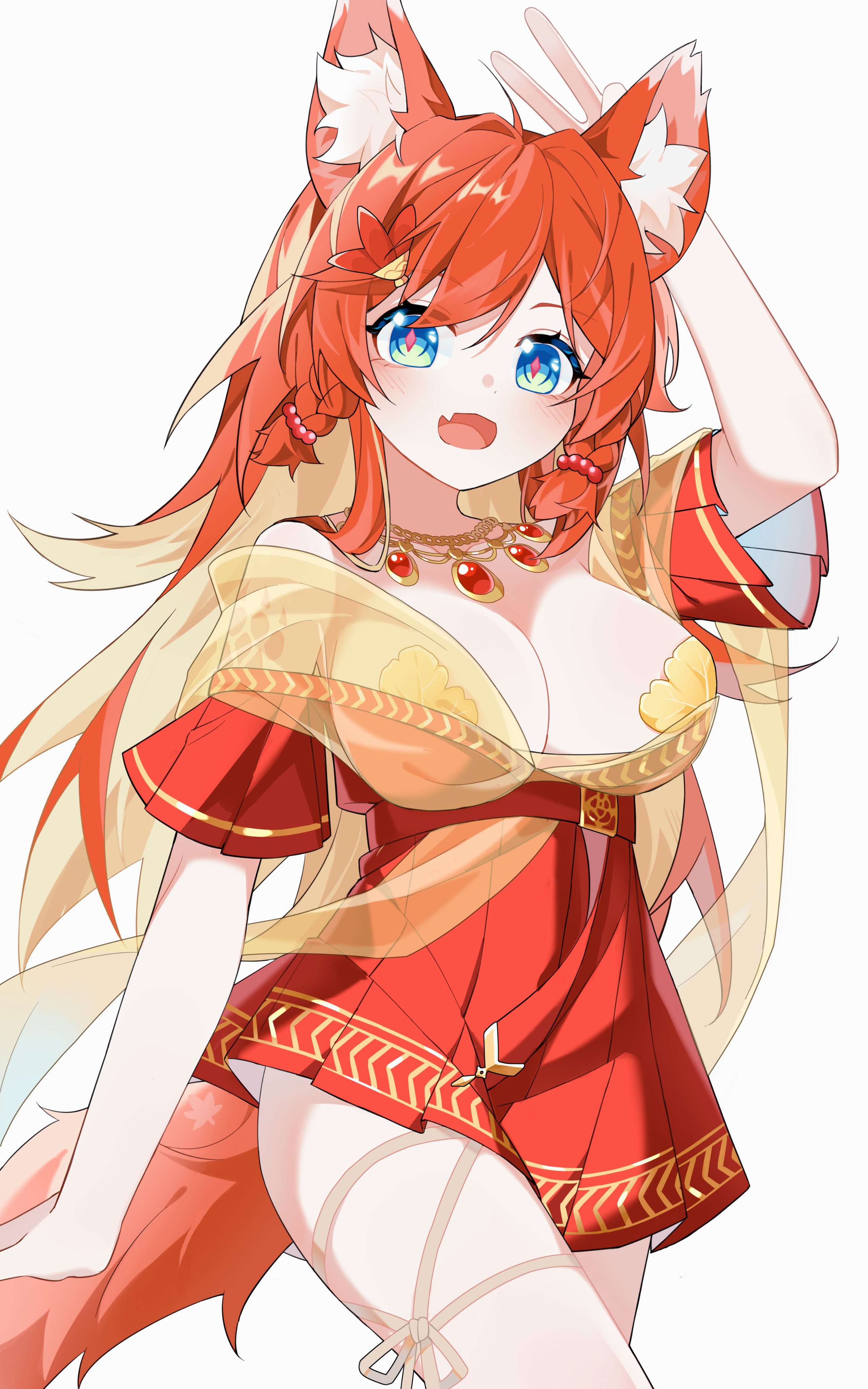 xiaoxing 0511, mozumi pichi, mozumi pichi (roman), v-dere, absurdres, highres, 1girl, ahoge, animal ear fluff, animal ears, blonde hair, blue eyes, breasts, colored inner hair, diamond-shaped pupils, diamond (shape), fang, gold necklace, hair ornament, jewelry, leaf pasties, long hair, multicolored hair, necklace, open mouth, orange hair, pink pupils, red tunic, see-through clothes, skin fang, solo, symbol-shaped pupils, tail, tunic, v, virtual youtuber, white background, wolf ears, wolf girl, wolf tail