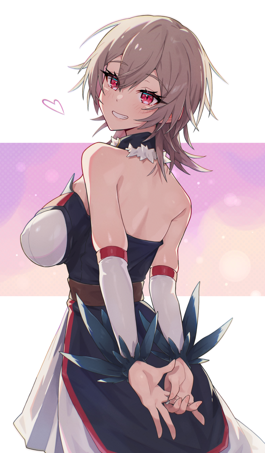 muco lita, furen e lustario, furen e lustario (1st costume), nijisanji, commentary request, highres, 1girl, arms behind back, back, blue dress, blurry, blush, bokeh, breasts, brown hair, depth of field, double-parted bangs, dress, elbow gloves, feather trim, fur trim, gloves, heart, large breasts, letterboxed, long eyelashes, looking at viewer, looking back, medium hair, orange background, outside border, pink background, polka dot, polka dot background, red eyes, smile, solo, upper body, virtual youtuber, white dress, white gloves