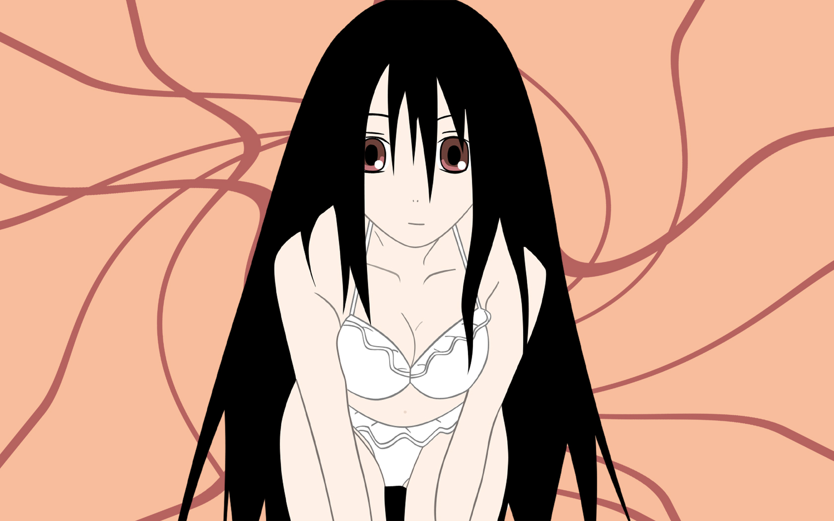 komori kiri, sayonara zetsubou sensei, derivative work, highres, vector trace, 00s, 1girl, bent over, bikini, black hair, bra, breasts, brown eyes, cleavage, female focus, frilled bikini, frills, lingerie, long hair, medium breasts, pale skin, panties, solo, swimsuit, underwear, underwear only