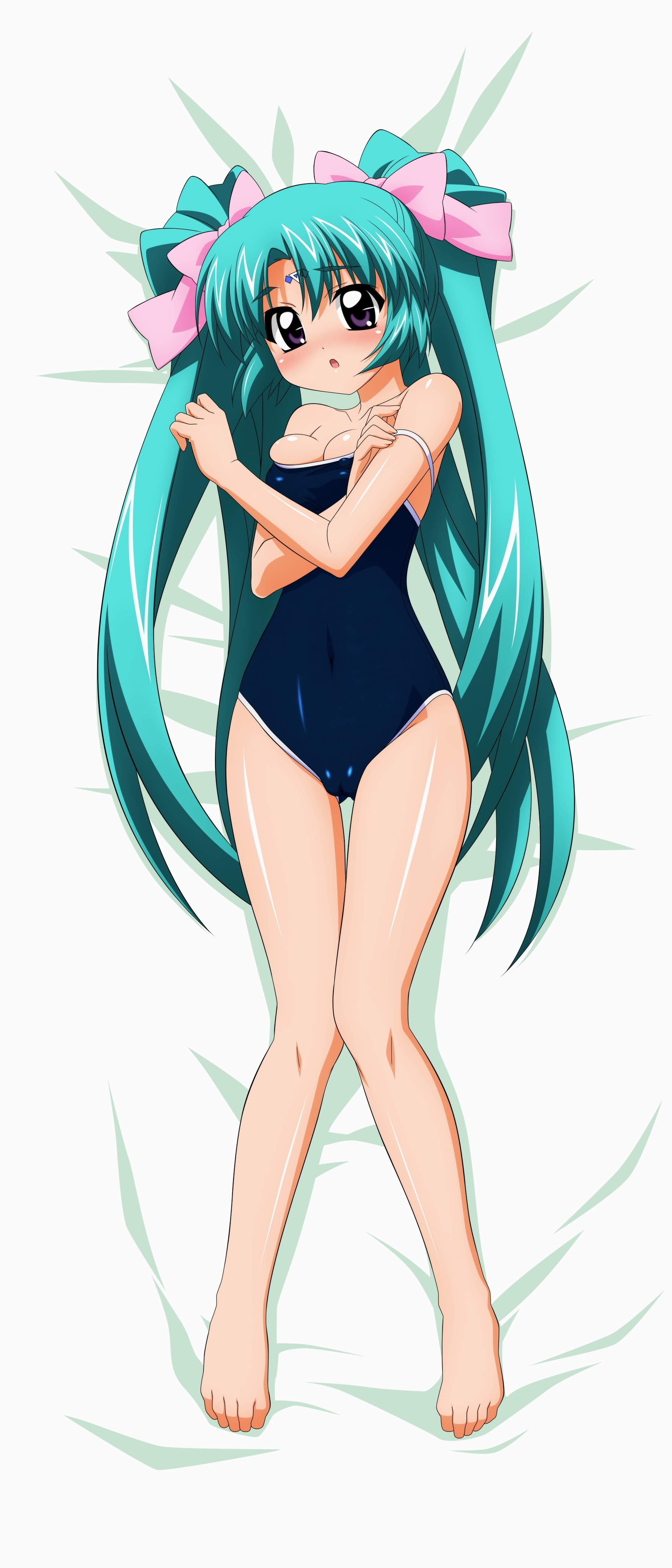 sugimura tomokazu, canal vorfeed, lost universe, absurdres, highres, 1990s (style), 1girl, blush, cameltoe, competition school swimsuit, dakimakura (medium), female focus, full body, green hair, lying, one-piece swimsuit, purple eyes, retro artstyle, ribbon, school swimsuit, solo, swimsuit, undressing