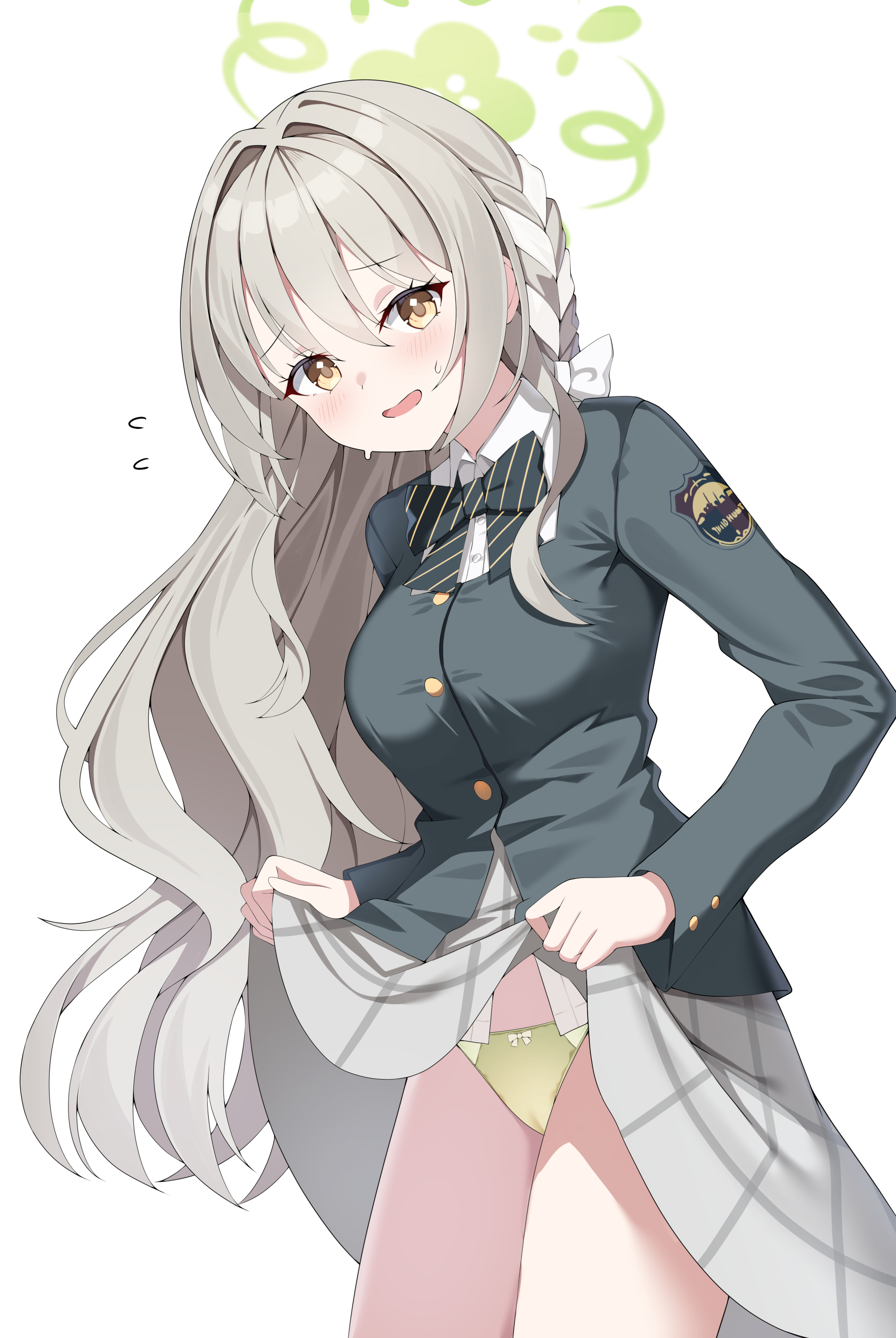 sob (submar1089), miyo (blue archive), blue archive, absurdres, commentary, highres, 1girl, black bow, black bowtie, blazer, blush, bow, bow panties, bowtie, braid, breasts, buttons, choppy bangs, clothes lift, collared shirt, diagonal-striped bow, diagonal-striped bowtie, diagonal-striped clothes, embarrassed, flying sweatdrops, green halo, green panties, grey hair, grey skirt, hair between eyes, hair bow, hair intakes, hair ribbon, halo, head tilt, jacket, long hair, long sleeves, looking at viewer, medium breasts, open mouth, panties, ribbon, ribbon braid, shirt, sidelocks, simple background, skirt, skirt lift, solo, standing, striped bow, striped bowtie, striped clothes, thighs, underwear, very long hair, white background, white bow, white shirt, wild hunt academy of arts logo, yellow eyes