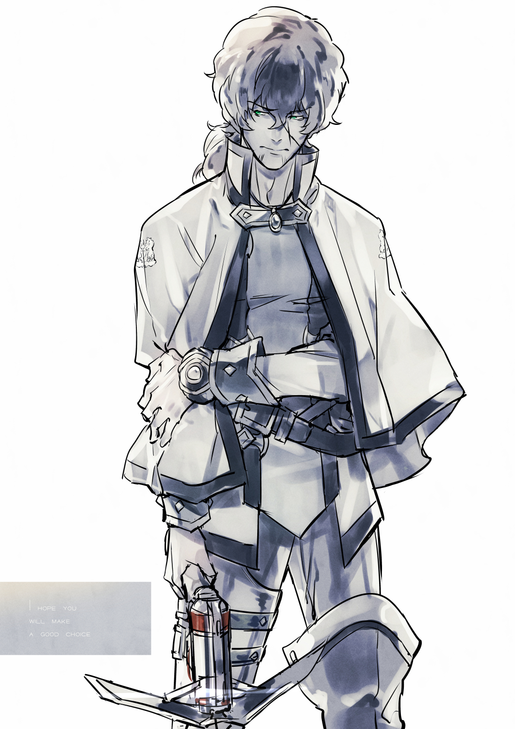 dasshu (dashi now), favaro leone, shingeki no bahamut: virgin soul, commentary request, highres, 1boy, bow (weapon), cape, closed mouth, crossbow, gloves, holding, holding crossbow, holding own wrist, holding weapon, male focus, sad, scar, scar on face, simple background, solo, weapon, white background