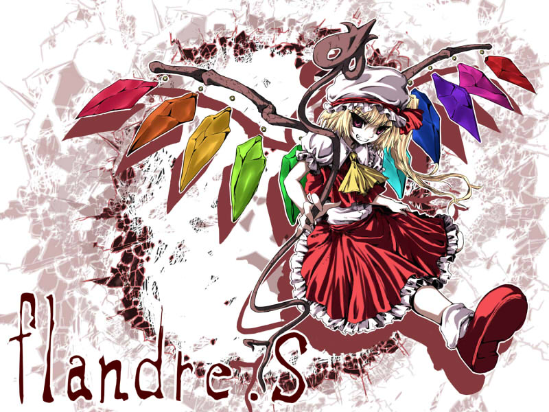 tousen, flandre scarlet, touhou, 1girl, blouse, character name, female focus, hat, mob cap, rainbow order, red shoes, shirt, shoes, socks, solo, vampire, white hat, white shirt, white socks, wings
