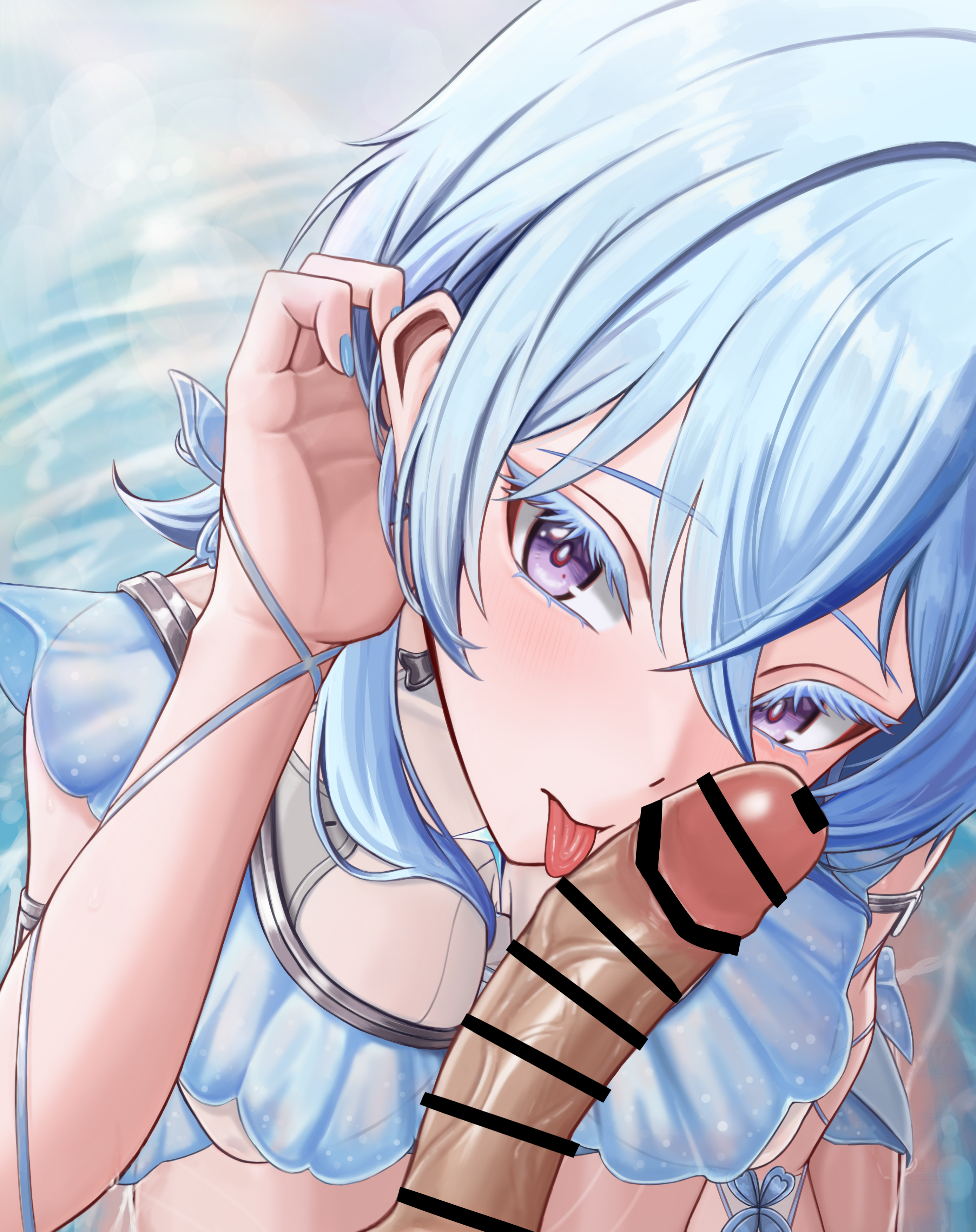 commonalty, shorekeeper (wuthering waves), wuthering waves, absurdres, commentary, highres, paid reward available, variant set, 1boy, 1girl, armlet, bar censor, blue dress, blue hair, blue nails, blush, breasts, censored, closed mouth, colored eyelashes, dress, erection, fellatio, fingernails, from above, hand up, jewelry, licking, licking penis, looking at viewer, looking up, medium breasts, nail polish, oral, penis, pov, purple eyes, sitting, sleeveless, sleeveless dress, tongue, tongue out