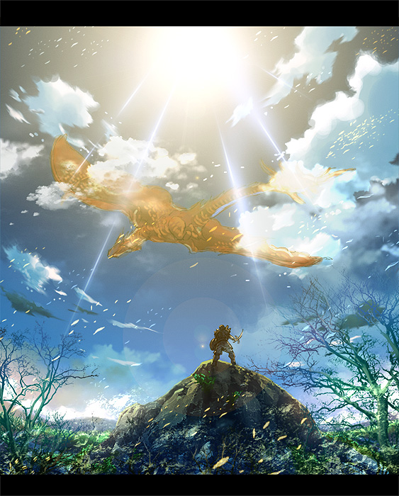 keiji asakawa, capcom, monster hunter (series), light, panorama, 1boy, cloud, day, dragon, landscape, lens flare, letterboxed, scenery, sky, sun