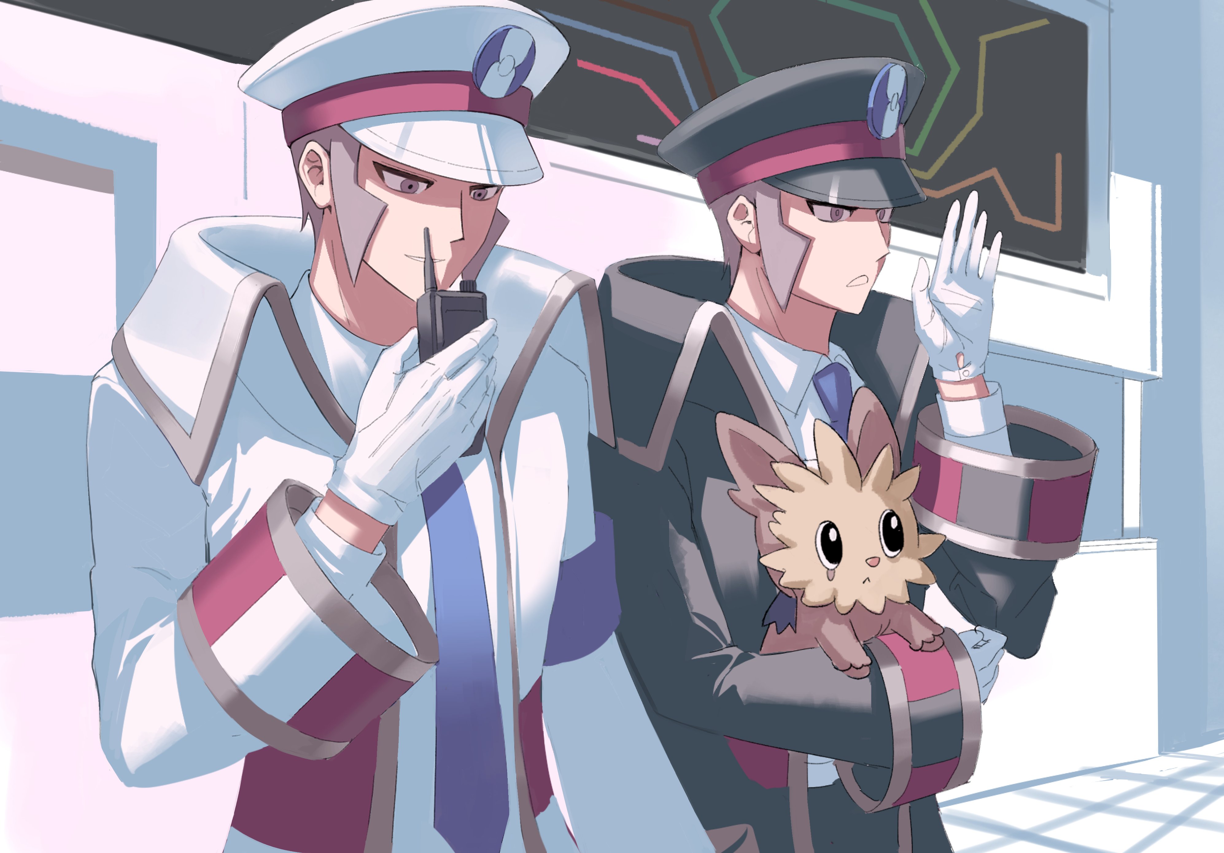 emmet (pokemon), ingo (pokemon), lillipup, nintendo, pokemon, pokemon bw, absurdres, hashtag-only commentary, highres, 2boys, black coat, black hat, blue necktie, brothers, brown eyes, brown hair, coat, gen 5 pokemon, gloves, hat, holding, holding pokemon, long sleeves, male focus, multiple boys, necktie, pokemon (creature), short hair, siblings, twins, walkie-talkie, white coat, white gloves, white hat, yuruhi77