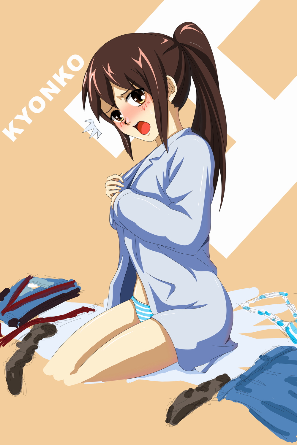 kyon, kyonko, suzumiya haruhi no yuuutsu, gender request, highres, 00s, 1girl, bra, female focus, genderswap, panties, ponytail, school uniform, solo, underwear
