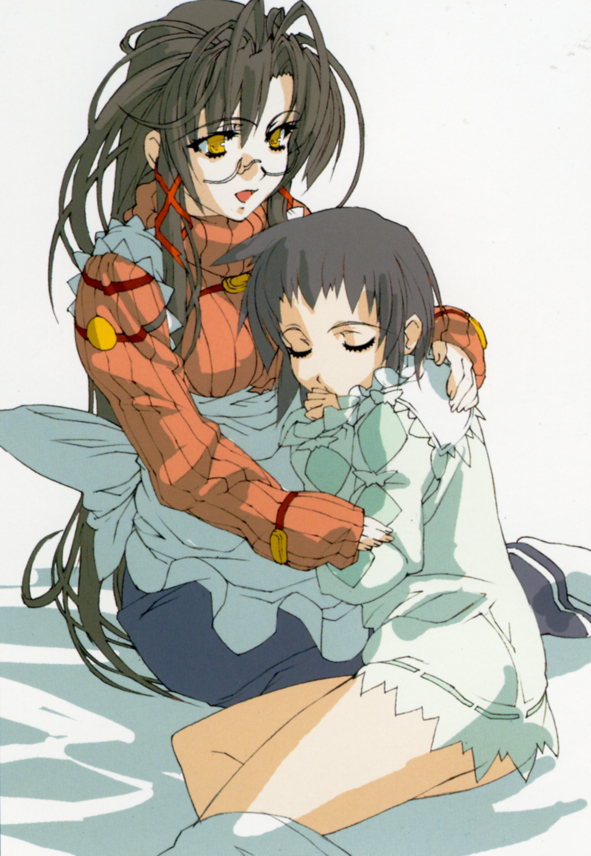 nishii (damnedrive), hanawa momiji, kumon megumi, jingai makyou, striped, absurdres, highres, non-web source, 2girls, antenna hair, apron, black hair, closed eyes, glasses, hair ribbon, hug, long hair, multiple girls, orange shirt, ribbon, shirt, short hair, skirt, sleeping, smile, sweater, thumb sucking, turtleneck, very long hair, yellow eyes
