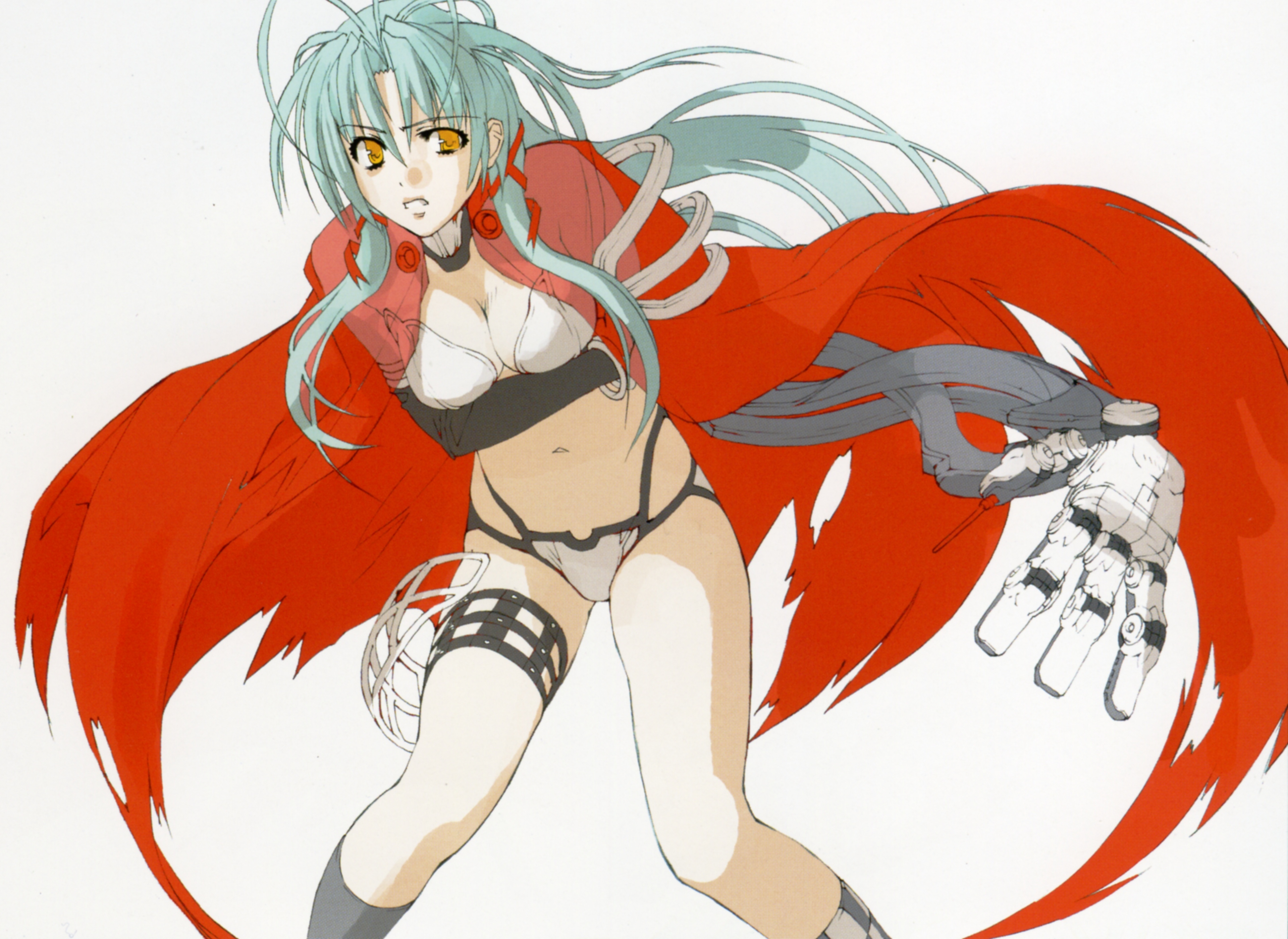 nishii (damnedrive), hanawa momiji, jingai makyou, absurdres, highres, non-web source, 1girl, antenna hair, aqua hair, bikini, bracelet, breasts, cape, choker, cleavage, elbow gloves, female focus, gloves, green hair, jewelry, leaning forward, long hair, mechanical arms, navel, panties, single mechanical arm, solo, swimsuit, thigh strap, torn clothes, underwear, white bikini, yellow eyes