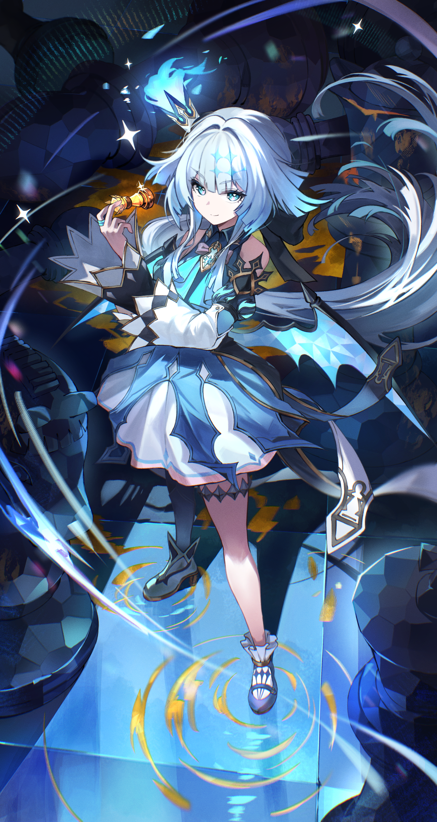 ppot, cerydra (honkai: star rail), honkai: star rail, honkai (series), absurdres, commentary, highres, 1girl, asymmetrical footwear, bare shoulders, black thighhighs, blue dress, blue eyes, blue hair, breasts, bright pupils, checkered floor, chess piece, chessboard, closed mouth, collared dress, colored tips, crown, detached sleeves, dress, grey hair, hand up, holding, holding chess piece, long hair, long sleeves, looking at viewer, low wings, medium breasts, mismatched footwear, multicolored hair, single thighhigh, smile, solo, standing, thighhighs, very long hair, white pupils, wings