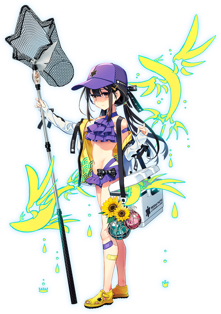 hiroyama hiroshi, miyu edelfelt, miyu edelfelt (swimsuit lancer) (second ascension), fate/grand order, fate (series), game cg, official art, second-party source, 1girl, baseball cap, bikini, black hair, brown eyes, butterfly net, copyright name, expressionless, fish, flower, flying fish, full body, hand net, hat, holding, holding butterfly net, jacket, long sleeves, looking at viewer, navel, outline, purple bikini, purple hat, shoes, solo, stomach, sunflower, swimsuit, tachi-e, transparent background, white outline, yellow shoes