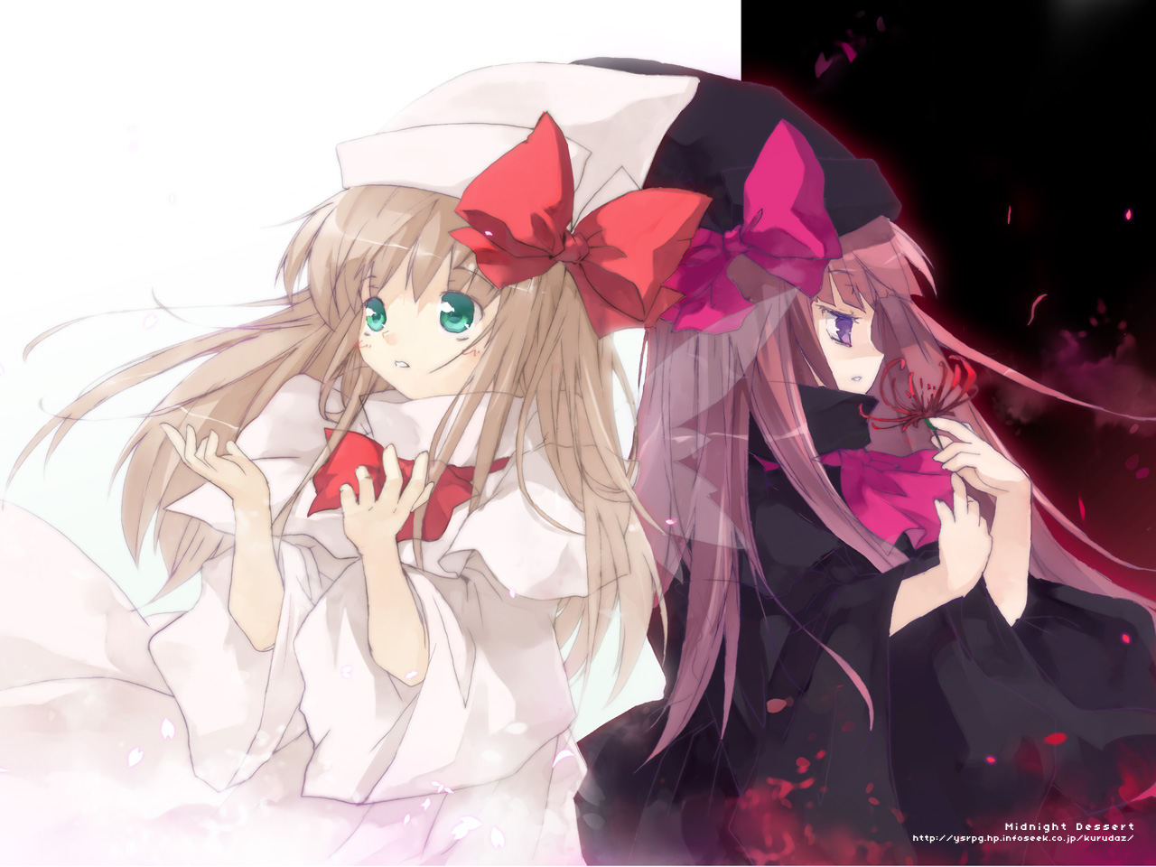 kurudaz, lily black, lily white, touhou, 2girls, back-to-back, beret, black dress, blonde hair, blunt bangs, bow, bowtie, dress, dual persona, female focus, green eyes, hat, long sleeves, looking at viewer, multiple girls, red bow, red bowtie, red hair, white dress, witch hat