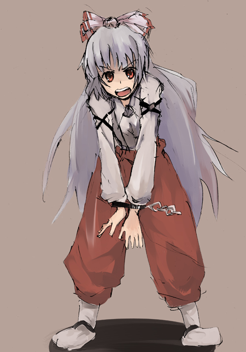 mieharu, fujiwara no mokou, touhou, 1girl, cuffs, female focus, handcuffs, red eyes, simple background, solo, standing, white hair