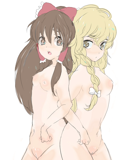 hakurei reimu, kirisame marisa, touhou, bad id, bad pixiv id, 2girls, back-to-back, bad anatomy, blonde hair, braid, breasts, completely nude, female focus, hair ribbon, multiple girls, nipples, nude, pussy, ribbon, small breasts, uncensored