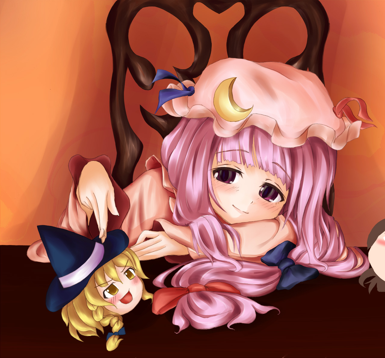 pilky, kirisame marisa, patchouli knowledge, touhou, bad id, bad pixiv id, 3girls, female focus, hat, multiple girls, purple hair, solo, yukkuri shiteitte ne