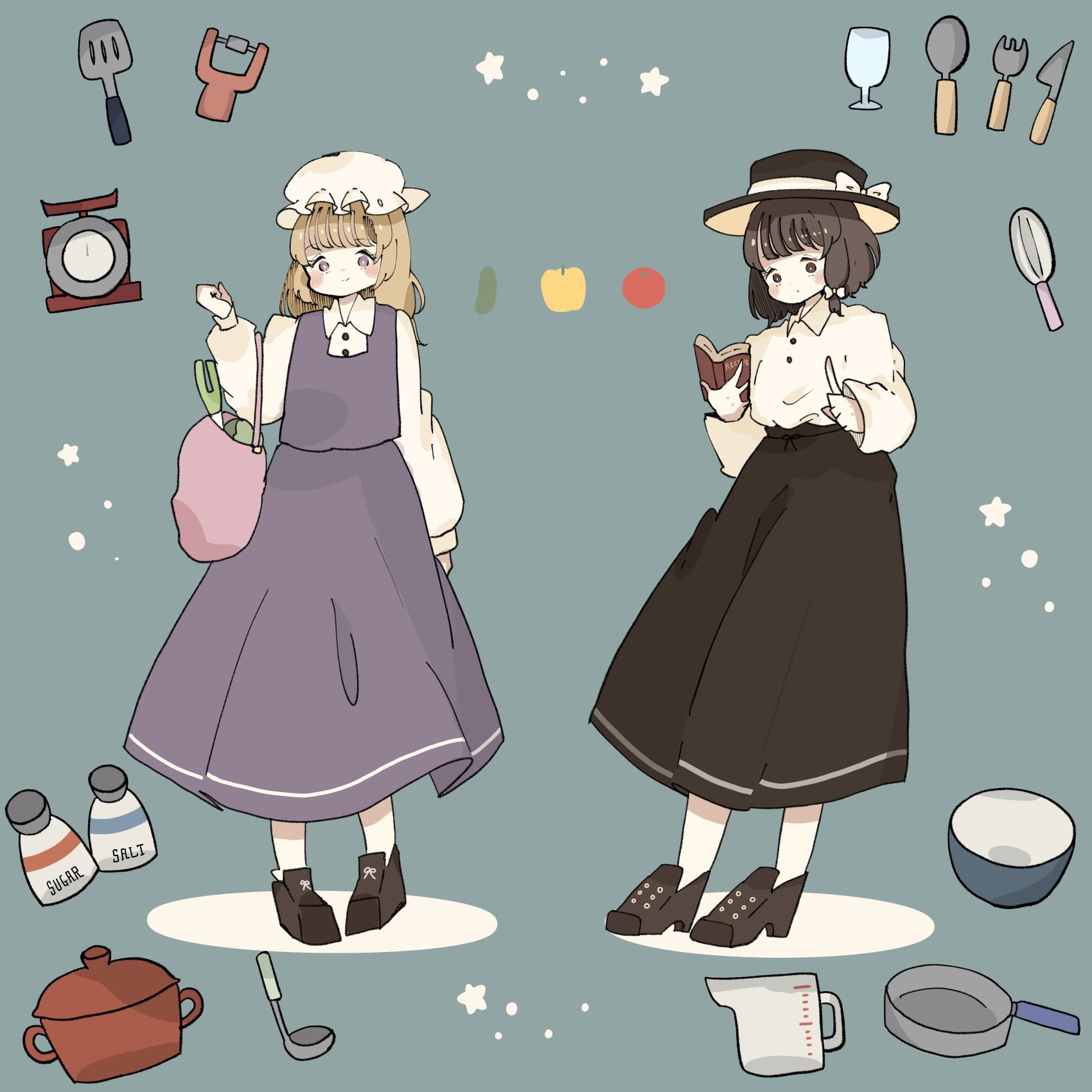 salt shol, maribel hearn, usami renko, touhou, highres, 2girls, apple, bag, black skirt, blonde hair, blue background, book, bowl, brown eyes, brown hair, circle, cucumber, dress, fedora, food, fruit, frying pan, glass, hat, holding, holding bag, holding book, kitchen knife, knife, mob cap, multiple girls, purple dress, purple eyes, salt, shirt, shoes, simple background, skirt, spoon, star (symbol), tomato, utensil, weighing scale, white shirt