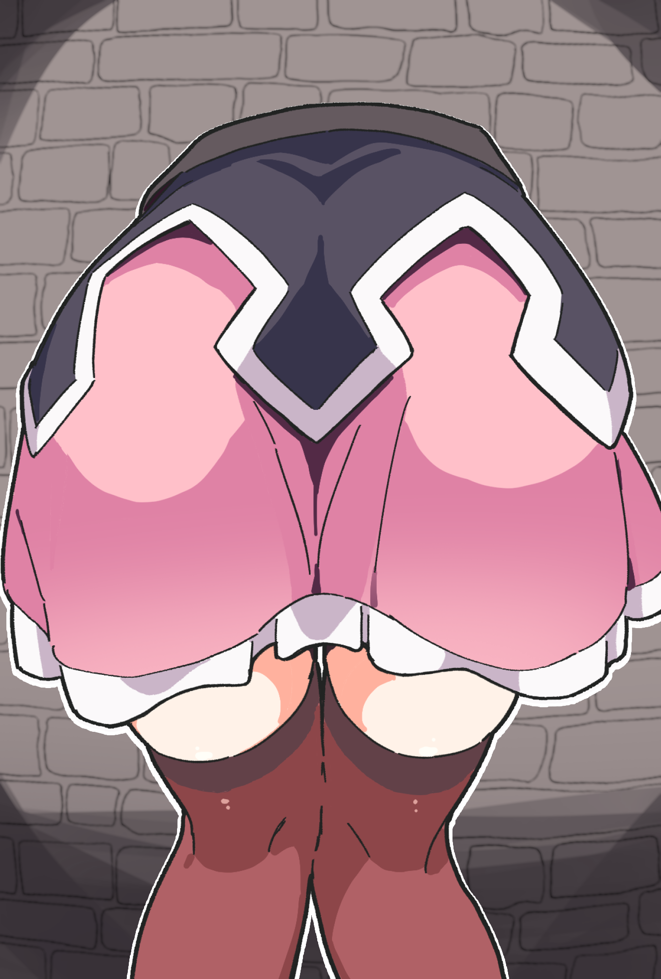 noyama takenoko, yunyun (konosuba), kono subarashii sekai ni shukufuku wo!, commentary, highres, 1girl, ass, bent over, brick wall, brown thighhighs, frilled skirt, frills, from behind, lower body, outline, pink skirt, skirt, solo, thighhighs, through wall, white outline, zettai ryouiki