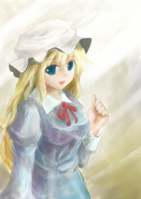 hokamichi, taji (crowview), maribel hearn, ghostly field club, touhou, bad id, bad pixiv id, 1girl, :d, blonde hair, blue dress, blush, dress, female focus, green eyes, hat, long hair, looking at viewer, mob cap, open mouth, sidelocks, smile, solo, tareme, upper body, very long hair