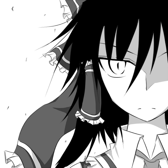 kirino souya, souya, hakurei reimu, touhou, bad id, bad pixiv id, 1girl, female focus, greyscale, monochrome, ribbon, simple background, solo, white background
