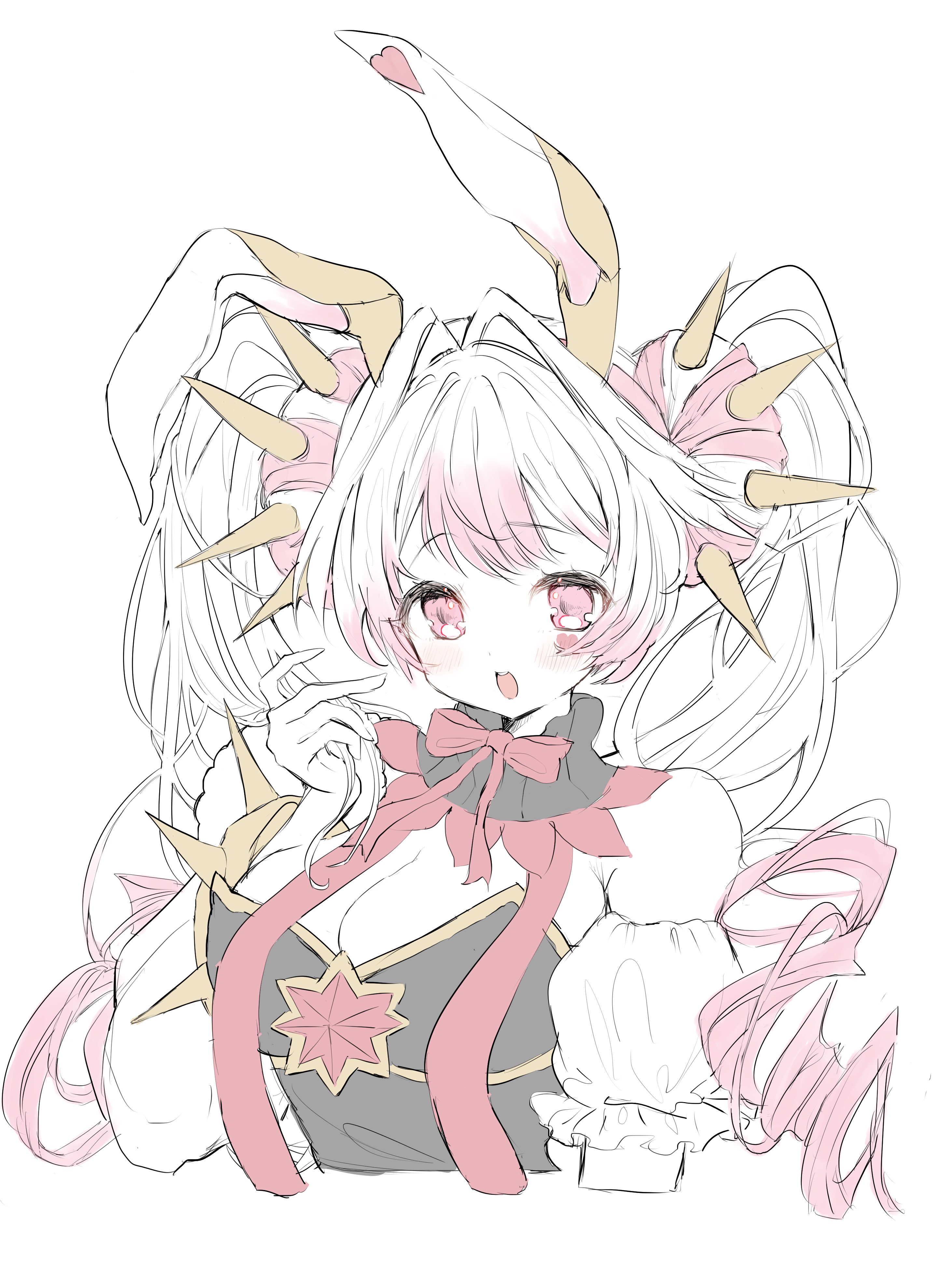 p9v9o, maliss <p> white rabbit, yu-gi-oh!, absurdres, highres, 1girl, animal ears, asymmetrical sleeves, breasts, cleavage, duel monster, large breasts, long sleeves, multicolored hair, open mouth, pink eyes, pink hair, rabbit ears, rabbit girl, short sleeves, simple background, solo, spiked hair ornament, upper body, white background, white hair