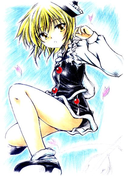 ayaaiserio, lunasa prismriver, touhou, 1girl, :o, bare legs, black hat, black jacket, black shoes, black skirt, blonde hair, blue background, blush, female focus, frilled hat, frills, hat, jacket, long sleeves, looking at viewer, miniskirt, open mouth, panties, petals, shoes, short hair, simple background, skirt, socks, solo, tareme, thighs, underwear, upskirt, white panties, white socks, yellow eyes