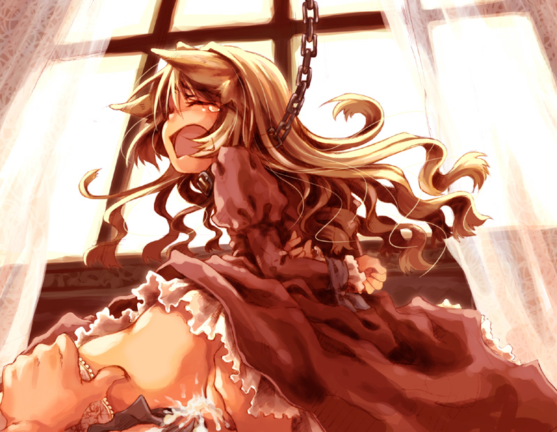 kajiya (kindergarten21), kaziya, original, bad id, bad pixiv id, 1girl, animal ears, arms behind back, bdsm, blonde hair, bondage, bound, bound wrists, cat ears, chain, closed eyes, clothed sex, collar, cum, cum in pussy, curtains, long hair, open mouth, rape, screaming, sex, slave, solo focus, tears, thighhighs, uncensored, vaginal, window