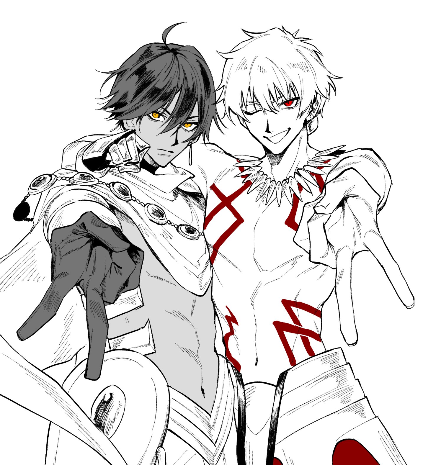 gilgamesh (fate), ozymandias (fate), fate/grand order, fate (series), highres, 2boys, ahoge, arm around neck, armor, body markings, cloak, earrings, gloves, gorilla burning, greyscale, jewelry, looking at viewer, male focus, monochrome, multiple boys, navel, necklace, one eye closed, open mouth, red eyes, short hair, simple background, smile, spot color, topless male, upper body, v, white background, yellow eyes