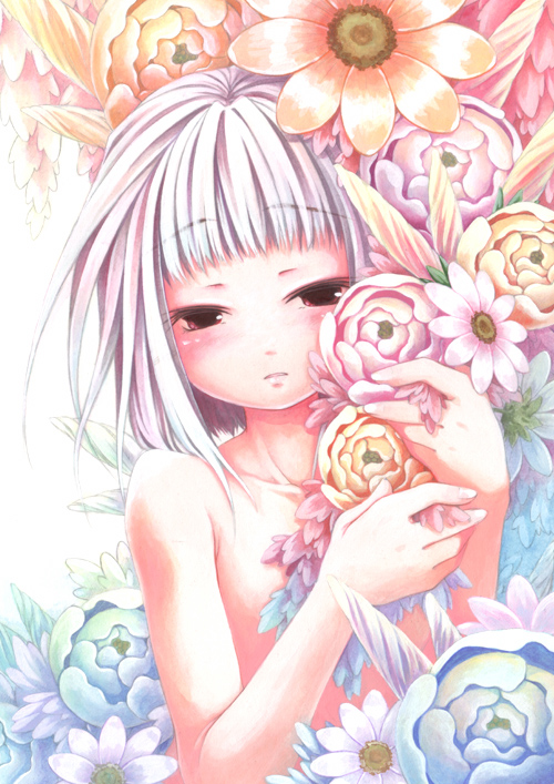kajiya (kindergarten21), kaziya, tianzi, code geass, original, acrylic paint (medium), painting (medium), traditional media, 00s, 1girl, albino, blush, cover, covering privates, female focus, flower, nude, nude cover, red eyes, solo, white hair