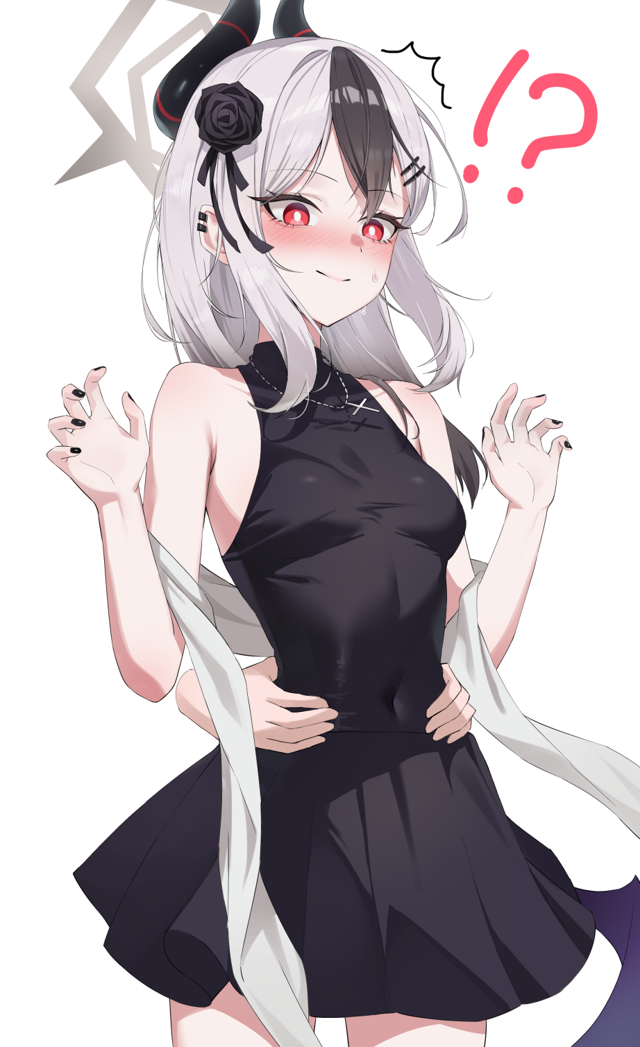 ran (gcrm8377), kayoko (blue archive), blue archive, commentary request, highres, 1girl, alternate costume, bare shoulders, black dress, black hair, black nails, blush, breasts, cross, cross necklace, demon horns, dress, ear piercing, earclip, fingernails, flower, flower ornament, gradient hair, grey halo, hair flower, hair ornament, halo, horns, jewelry, long hair, multicolored hair, necklace, piercing, red eyes, simple background, sleeveless, sleeveless dress, small breasts, solo, surprised, torso grab, two-tone hair, white hair