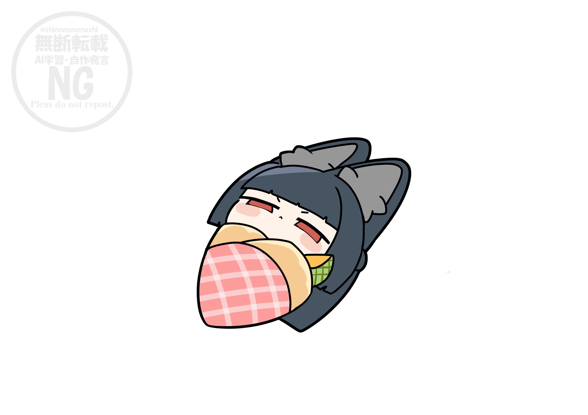 shinonome nashi, hoshimi miyabi, zenless zone zero, highres, 1girl, animal ear fluff, animal ears, black hair, blush, comically large ears, fox ears, fox girl, ice cream cone, long hair, lying, on back, red eyes, solo, very long ears, white background