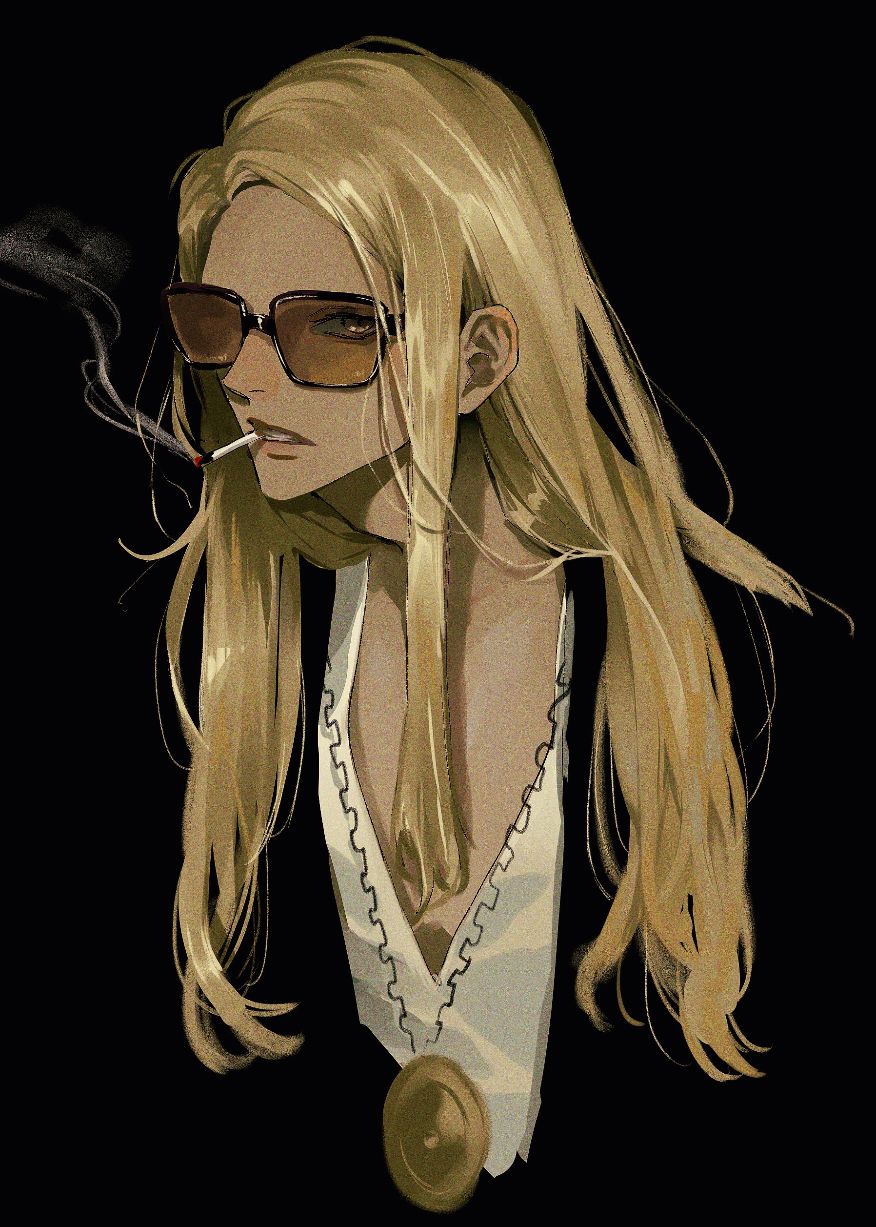 tezcatlipoca (fate), fate/grand order, fate (series), absurdres, highres, 1boy, black background, blonde hair, cigarette, gorilla burning, jacket, jewelry, long hair, looking at viewer, male focus, medallion, necklace, open mouth, orange-tinted eyewear, shirt, simple background, smoke, smoke trail, smoking, solo, sunglasses, tinted eyewear, upper body, white shirt