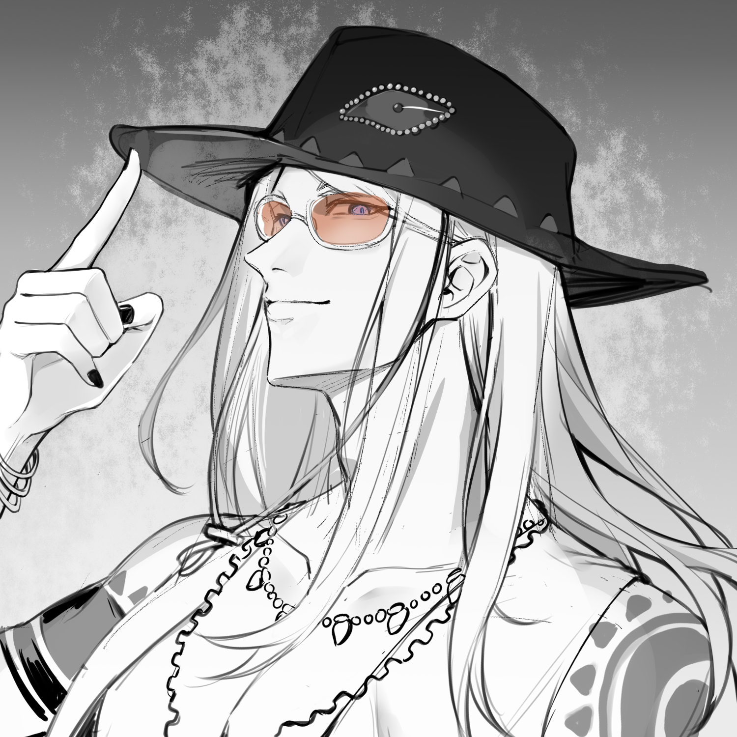 vivienne32640, tezcatlipoca (fate), tezcatlipoca (wild gunman) (fate), fate/grand order, fate (series), highres, 1boy, bracelet, grey background, greyscale, hat, jewelry, looking at viewer, male focus, monochrome, necklace, orange-tinted eyewear, smile, solo, spot color, tattoo, tinted eyewear, upper body
