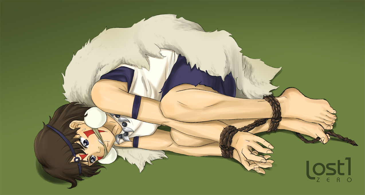 lost1zero, san, mononoke hime, studio ghibli, barefoot, bdsm, blue eyes, bondage, bound wrists, brown hair, cleave gag, earrings, feet, gag, gagged, headband, jewelry, necklace, rope, short hair