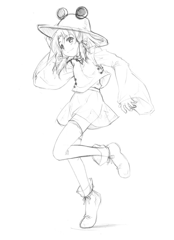 sakumo, sakumo (karatama), moriya suwako, touhou, 1girl, ankle boots, boots, female focus, greyscale, hand on headwear, hat, monochrome, sketch, skirt, solo, standing, standing on one leg, thighhighs, tiptoes