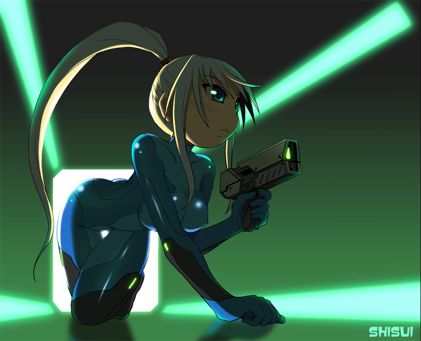 shisui, samus aran, metroid, metroid: zero mission, nintendo, 1girl, blonde hair, bodysuit, female focus, latex, ponytail, shiny clothes, skin tight, solo, spandex, zero suit