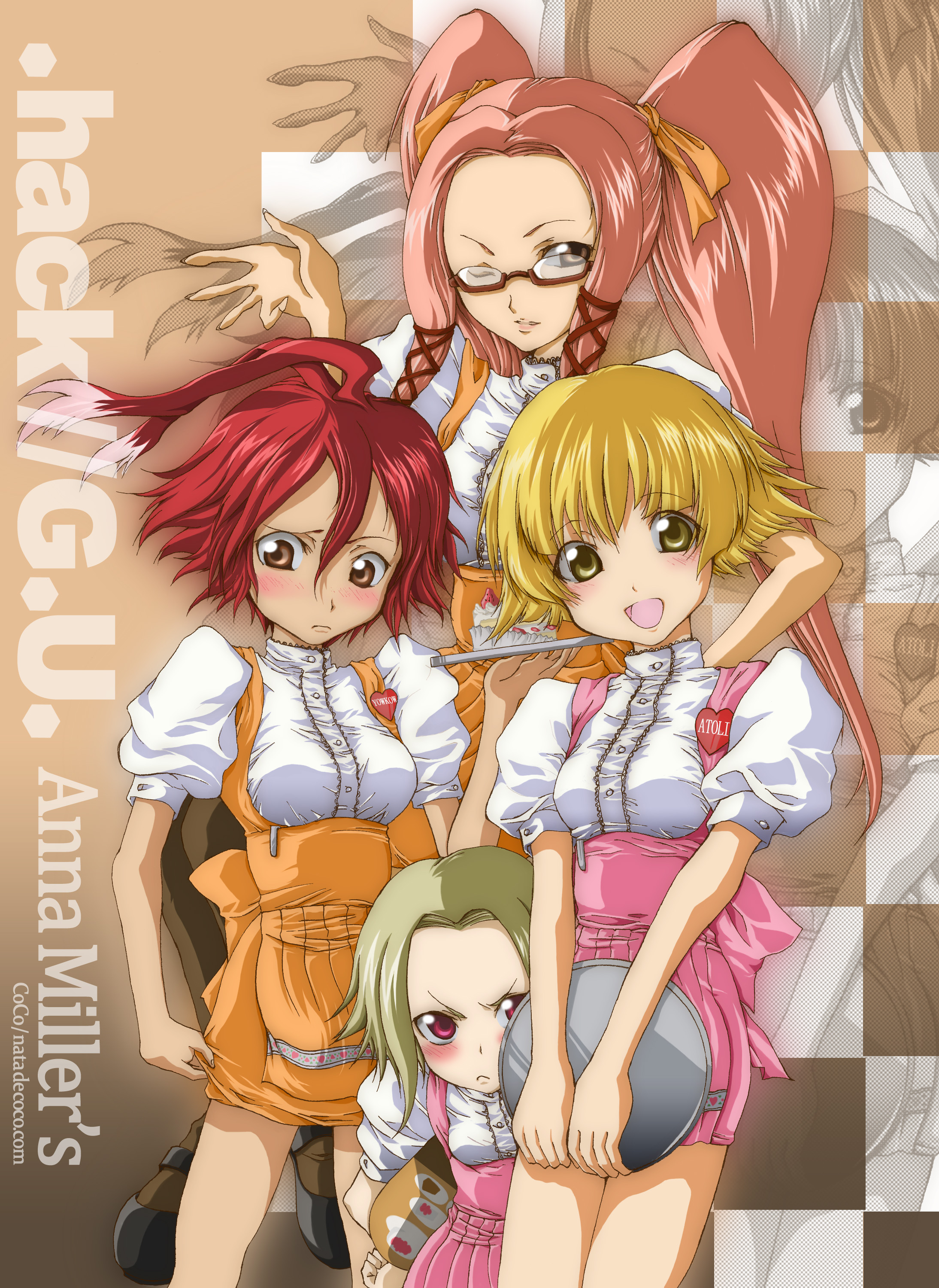 coco-kurogaki, pai, alkaid (.hack//), atoli, atoli (.hack//), pi (.hack//), sakubo, sakubo (.hack//), .hack//, .hack//g.u., anna miller, bandai, cyber connect 2, absurdres, bad id, bad pixiv id, highres, 00s, 4girls, blonde hair, blush, glasses, multiple girls, orange skirt, pink hair, red hair, skirt, waitress
