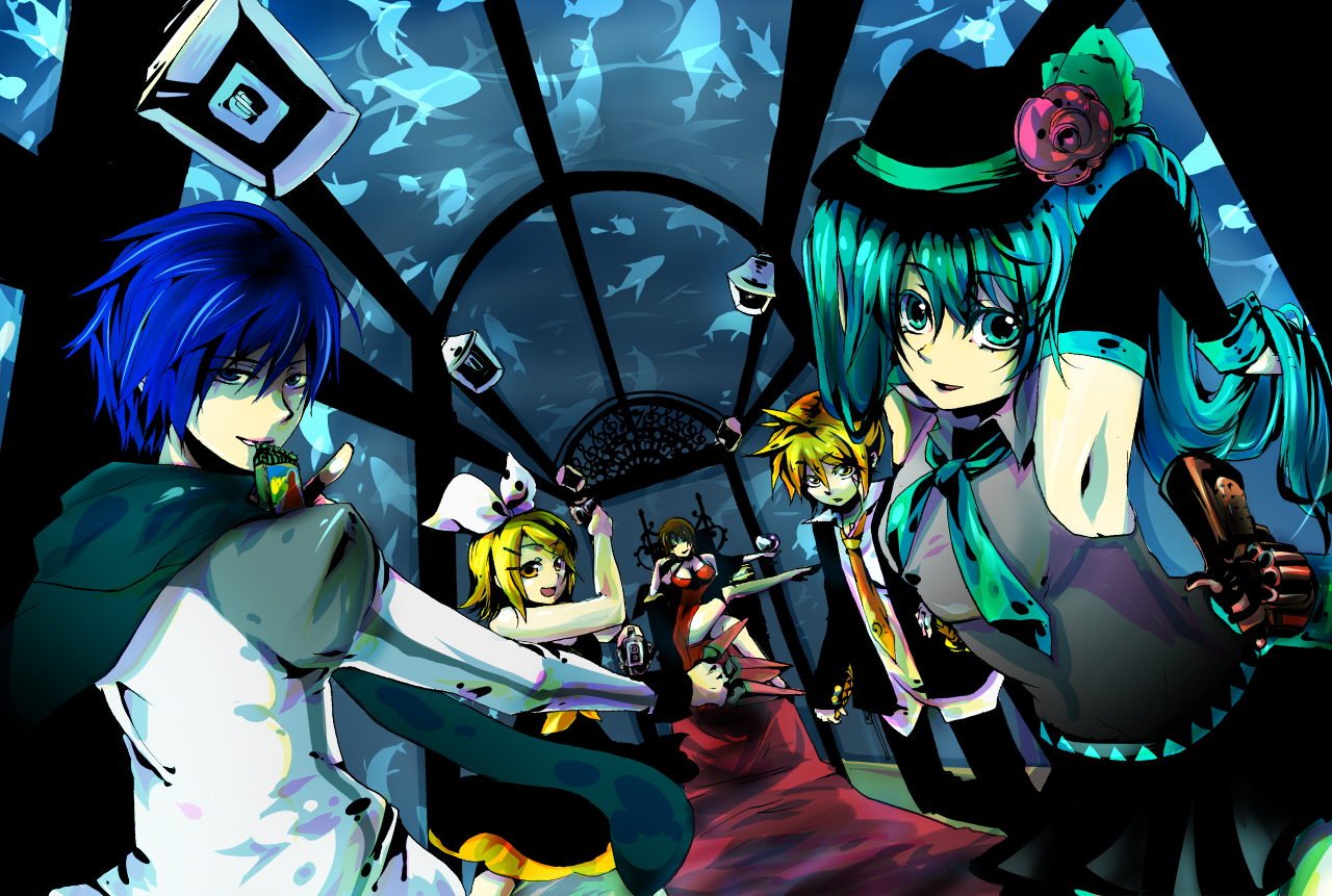 hashimochi, hatsune miku, kagamine len, kagamine rin, kaito (vocaloid), meiko (vocaloid), melone, vocaloid, 2boys, 3girls, aqua hair, aqua necktie, armpits, blonde hair, blue hair, brother and sister, brown hair, coat, detached sleeves, dress, dutch angle, hair ribbon, hairband, indoors, long hair, long sleeves, looking at viewer, multiple boys, multiple girls, necktie, red dress, ribbon, short hair, siblings, twins, upper body, vest