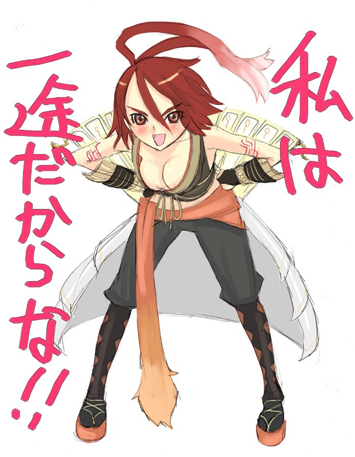 nagy, alkaid (.hack//), .hack//, .hack//g.u., bandai, cyber connect 2, 00s, 1girl, bare shoulders, bodypaint, breasts, cleavage, female focus, large breasts, midriff, navel, red eyes, red hair, solo, tattoo