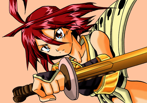 takanashi jin'u, alkaid (.hack//), .hack//, .hack//g.u., bandai, cyber connect 2, lowres, 00s, 1girl, dutch angle, female focus, orange background, red hair, simple background, solo, sword, weapon