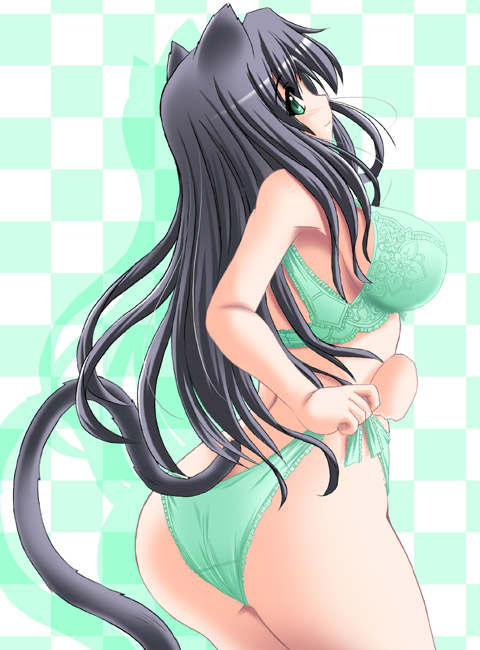 tonpuu, original, animal ears, breasts, cat ears, cat tail, checkered background, large breasts, lingerie, tail, underwear