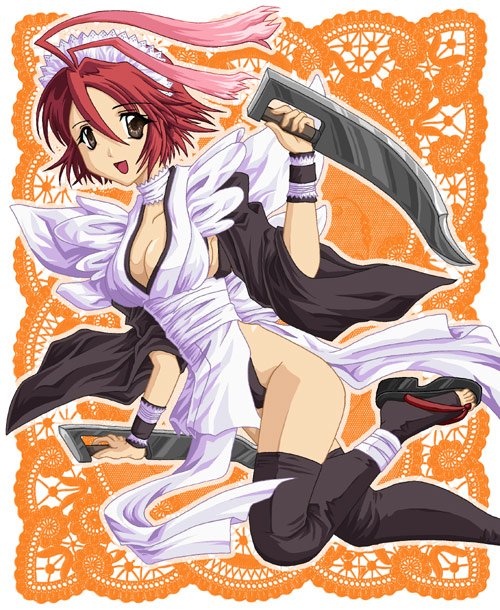 mikonon, alkaid (.hack//), iroha (samurai spirits), .hack//, .hack//g.u., bandai, cyber connect 2, samurai spirits, 1girl, breasts, cleavage, cosplay, female focus, iroha (cosplay), iroha (samurai spirits) (cosplay), maid, red hair, solo, sword, thighhighs, weapon