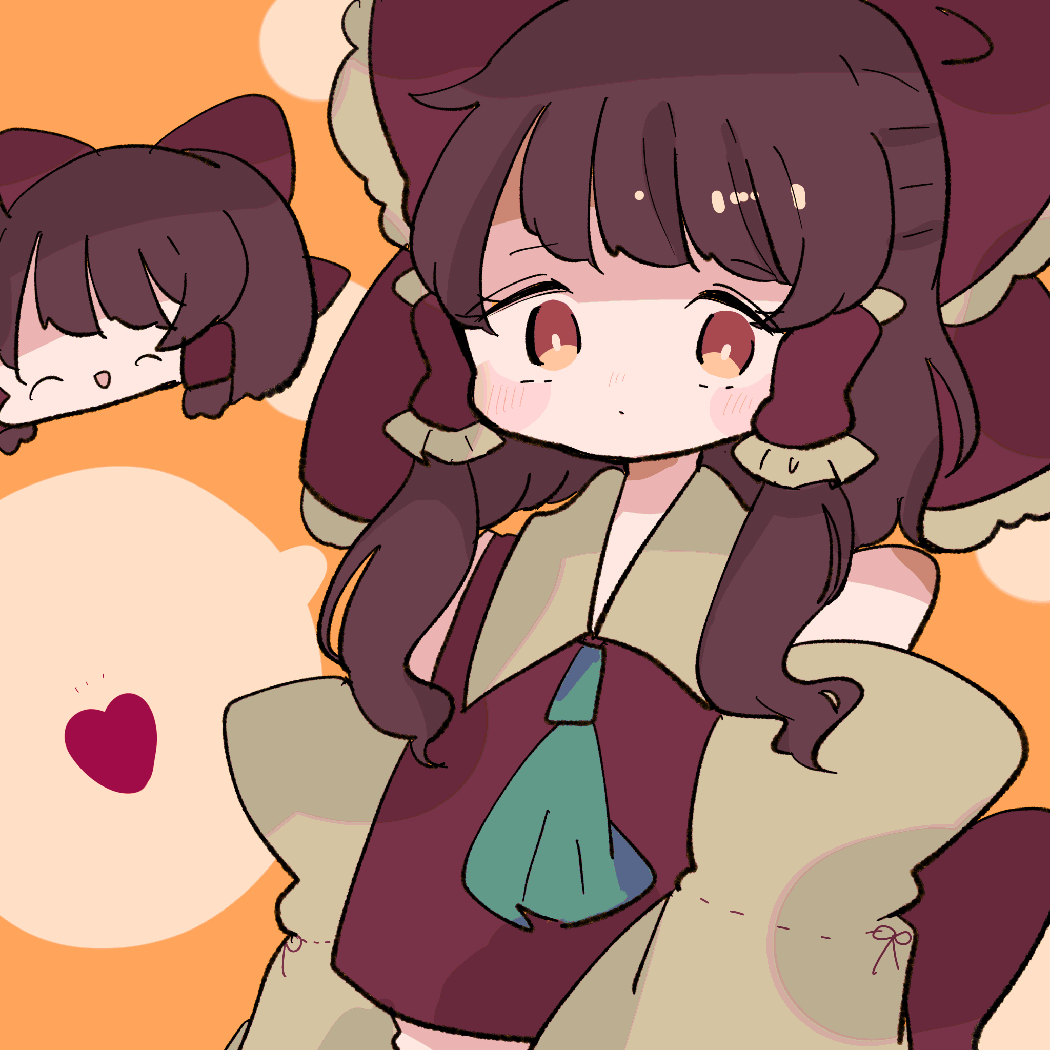 salt shol, hakurei reimu, highres, 1girl, back bow, blue neckerchief, blush stickers, bow, brown hair, closed mouth, detached sleeves, hair ribbon, happy, heart, neckerchief, open mouth, red bow, red eyes, red shirt, ribbon, shirt, simple background, yukkuri shiteitte ne