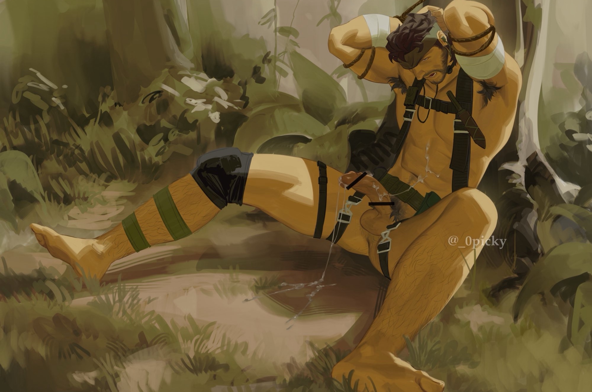 0picky, naked snake, metal gear (series), metal gear solid 3: snake eater, commentary, english commentary, highres, 1boy, abs, anus, armpit hair, armpits, artist name, ass, bandaged arm, bandages, bandana, bara, bare pectorals, barefoot, beard, biceps, bound, bound arms, brown hair, cum, erection, facial hair, jungle, knife, knife sheath, looking down, male focus, muscular, muscular male, nature, navel, nude, on ground, open mouth, pectorals, penis, sheath, sheathed, sitting, strap, testicles, twitter username