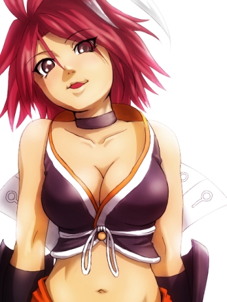 yuriasu, alkaid (.hack//), .hack//, .hack//g.u., bandai, cyber connect 2, bad id, bad pixiv id, lowres, 00s, 1girl, breasts, cleavage, female focus, large breasts, midriff, navel, red hair, solo