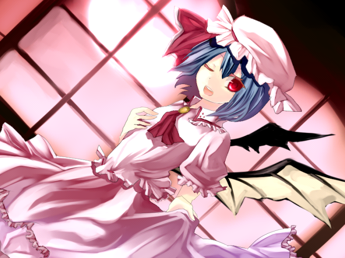 kame, remilia scarlet, touhou, bad id, bad pixiv id, 1girl, ;d, bat wings, blue hair, dutch angle, female focus, full moon, hat, moon, one eye closed, open mouth, pink hat, red eyes, red moon, short hair, skirt hold, smile, solo, wings