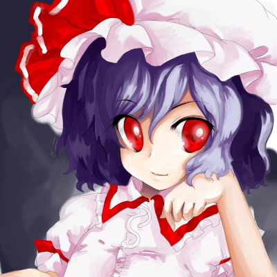mosho, remilia scarlet, touhou, lowres, 1girl, black hair, female focus, gradient background, hat, red eyes, solo, upper body, wings