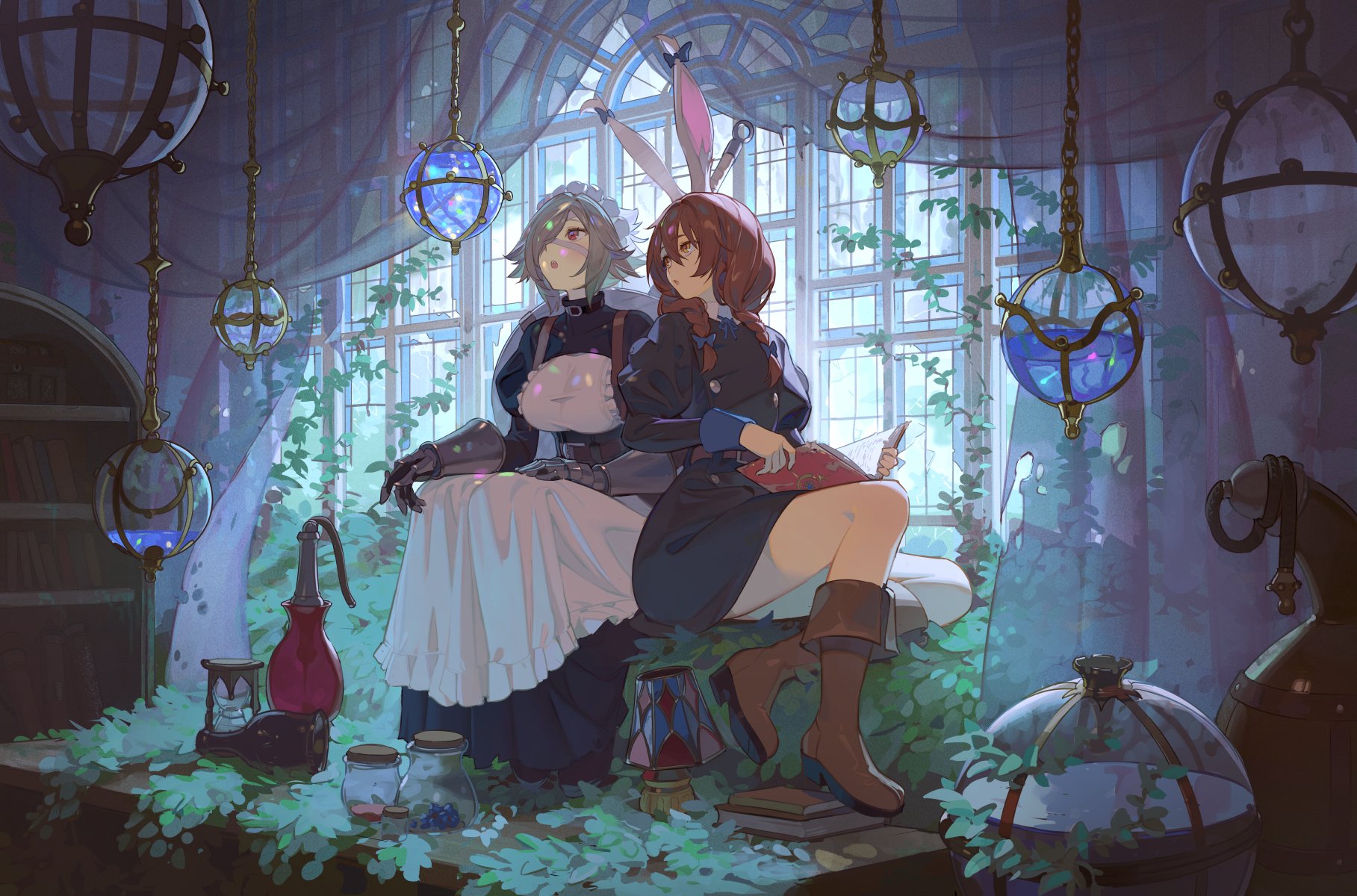 timbougami, original, commentary, english commentary, highres, 2girls, animal ears, apron, armor, black dress, book, bookshelf, boots, braid, brown boots, brown eyes, brown hair, curtains, dress, full body, grey hair, hair over one eye, indoors, maid, multiple girls, open mouth, rabbit ears, red eyes, see-through curtains, short hair, sitting, twin braids, vegetation, white apron, window