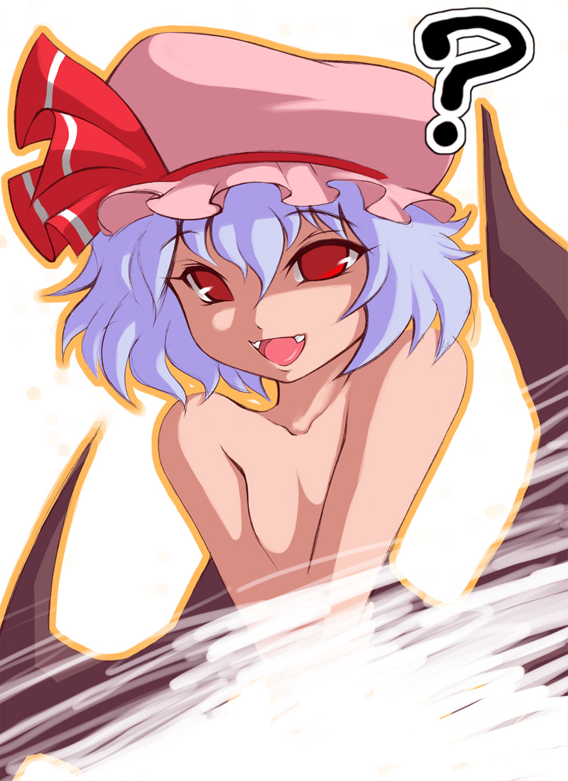 noise (lesion949), remilia scarlet, touhou, 1girl, ?, blue hair, completely nude, fangs, female focus, flat chest, hat, nude, pink hat, red eyes, solo, wings