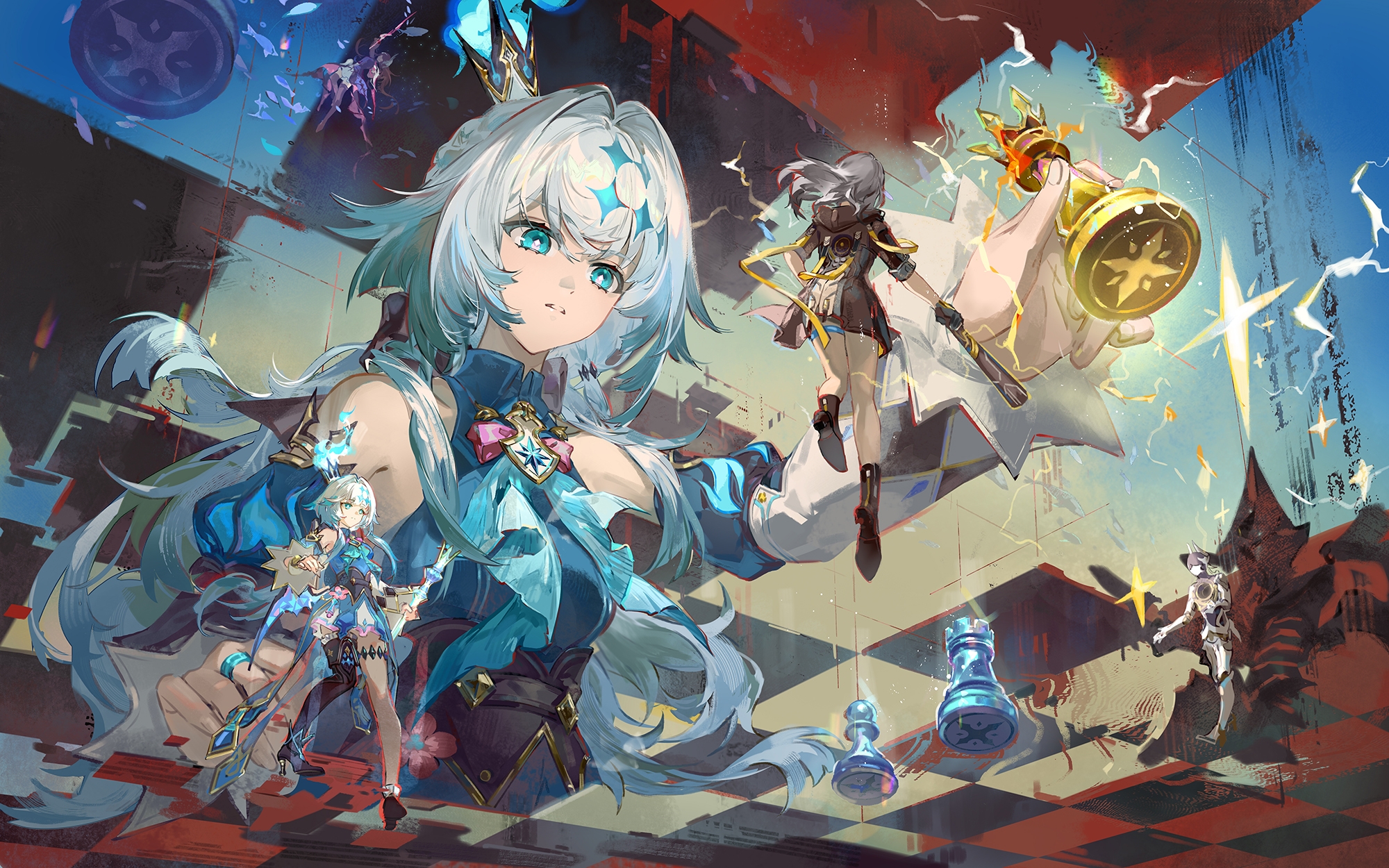 qingming tiaohetu, cerydra (honkai: star rail), hysilens (honkai: star rail), lygus (honkai: star rail), stelle (honkai: star rail), trailblazer (honkai: star rail), honkai: star rail, honkai (series), highres, 1boy, 3girls, blue eyes, bright pupils, chess piece, crown, floating hair, grey hair, holding, holding chess piece, jewelry, long hair, mini crown, mini person, multiple girls, parted lips, ring, very long hair, white pupils